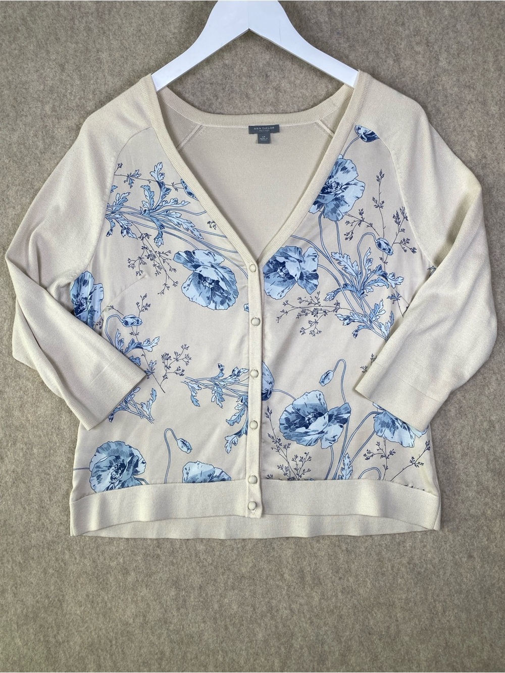 Ann Taylor Floral Silk V-Neck Cardigan - Cream & Blue | large petite